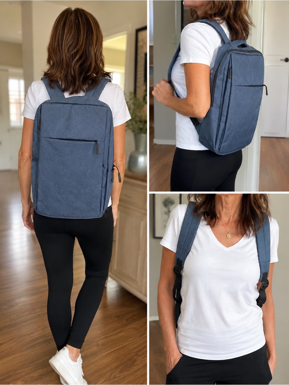 Blue Heathered Water-Resistant Backpack – Multiple Compartments